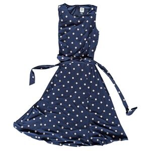 Anne Klein Sz. 10 Navy Blue Sleeveless Midi Dress Tie Waist Summer Spring